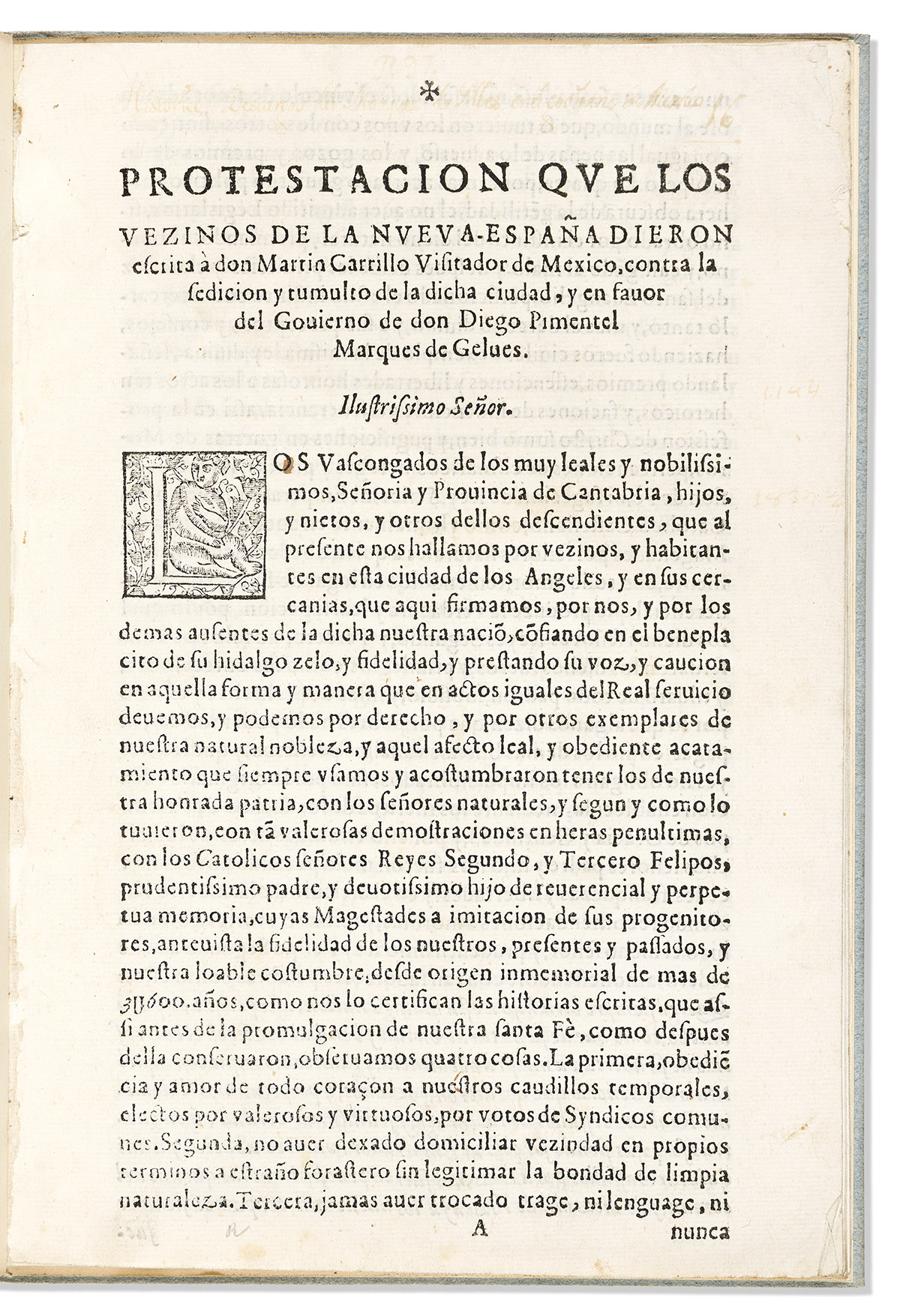 (MEXICAN IMPRINT--1626.) [Bernardino de Urrutia.] Protestacion que los vezinos de la Nueva-España . . .